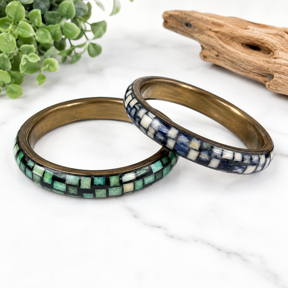 Mosaic Inlay Stone Tile Bangle Bracelet Pair Brass Tone Green Cream Southwestern